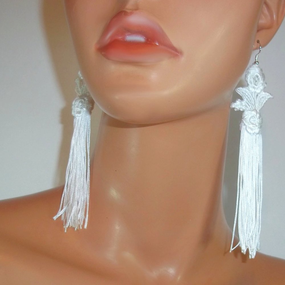 White Flower Lace Tassel Earrings, Long White Earrings, White Tassel Earrings
